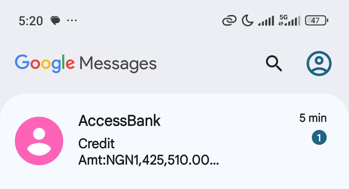 Bank credit alert showing NGN 1,425,510 payout