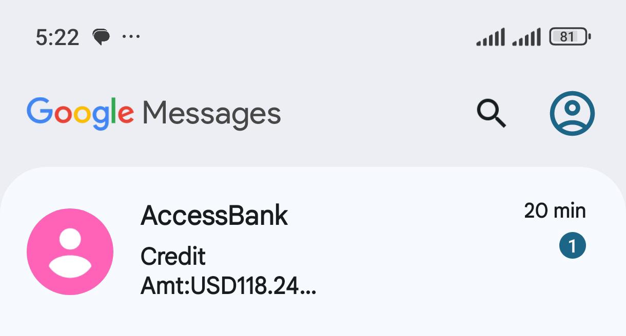 Bank credit alert showing USD 118.24 international payment